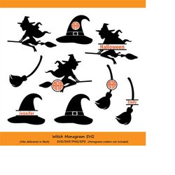 witch svg files, halloween svg, witch monogram svg, witch hat svg, broom svg, halloween monogram, witch silhouette, cric