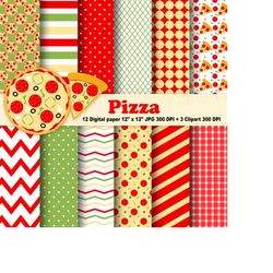 pizza digital paper, pizza clipart, tomato, polka dots, chevron, stripes, red, green, yellow, background, pattern, clipa