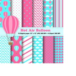 hot air balloons digital paper, hot air balloons clipart, balloons pattern , scrapbook papers, chevron, polka dots, blue