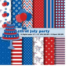 4th of july digital paper, 4th of july clipart, independence day, fireworks, balloon, cake, background, pattern, clipart