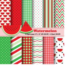 watermelon digital paper, watermelon clipart, fruits, polka dot, chevron, stripe, red, green, background, pattern, clipa