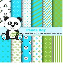 panda digital paper, panda clipart, chevron, polka dot, stripe, hearts, stars, panda boy, green, blue, printables, patte