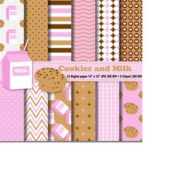 milk and cookies digital paper, milk and cookies clipart, birthday invitation, digital scrapbooking, chevron and polka d