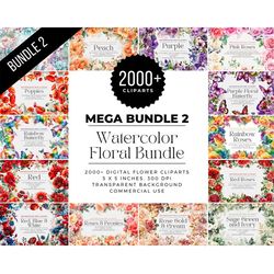 Mega Bundle 2 2000 Watercolor Flowers Bundle PNG, Watercolor Floral Clipart Bouquets, Commercial Use, Digital clipart PN