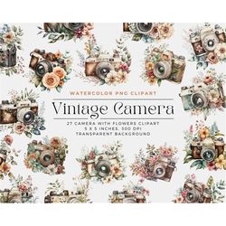 vintage watercolor camera clipart, vintage floral camera, commercial license