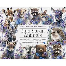 watercolor safari blue baby animals watercolor clipart, watercolor sublimation animals clipart, cute clipart, commercial