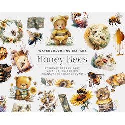 watercolor bees clipart. digital clipart png, honey bee clipart, cute bee stickers, instant digital download, commercial