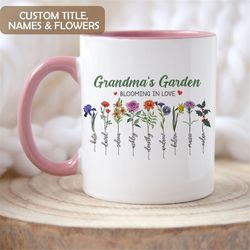 custom grandmas garden mug, personalized grandkid birth month flower mug, grandma mothers day gift from grandkids, mimi