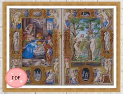 cross stitch pattern,giulio clovio farnese hours,religious,christian icon,full coverage,medieval illuminated manuscript