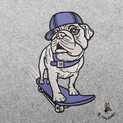 a bulldog dog dressed in a basketball cap rides a skateboard. this idea is created for machine embroidery design