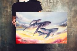 whales in the sky painting clouds artwork sea animals wall art original oil art large canvas painting whale fine art