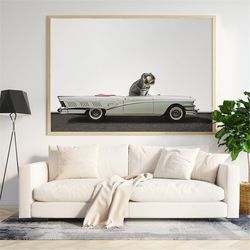 tyrannosaurus driving 55 chevy bel air convertible, photo canvas art, boys room decor, dinosaur art, gift idea, canvas w