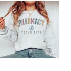 pharmacy technician sweatshirt, pharm tech crewneck sweater, varsity ptcb cpht pharmacist tech student school graduation