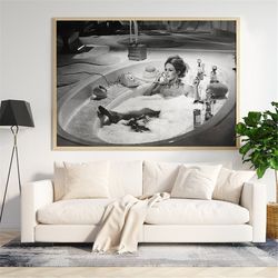 brigitte bardot bathtub print, bathroom poster, black and white wall art, vintage print, photography prints, canvas wall