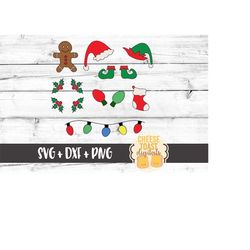 christmas clipart, santa hat svg, elf hat svg, elf feet svg, christmas ligts svg, stocking svg, christmas svg, hand draw