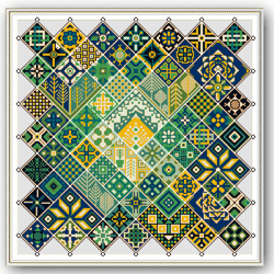 cross stitch pattern geometric square yellow-green patchwork ethnic folk art design pdf pattern digital pdf  343