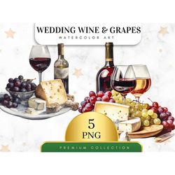 set of 5, watercolor wine with grapes clipart, wine celebration, wine clip art watercolour, red wine clipart, bottle and