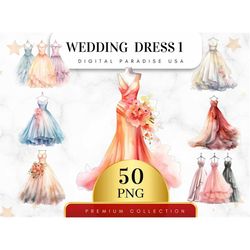 set of 50, wedding dress clipart, bridal gown png, bride to be clipart, wedding dress illustration, bridal shower clipar