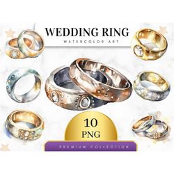 set of 10, wedding rings clipart, bridal rings png, engagement rings, watercolour rings png, wedding watercolor clipart