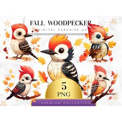 set of 5, fall woodpecker clipart, woodpecker png, wall art, bird clipart, nature clipart, nursery png, digital download