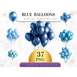 set of 37, blue balloons clipart, balloon png, party decor clipart, birthday clipart, balloon bundle, nursery art, subli