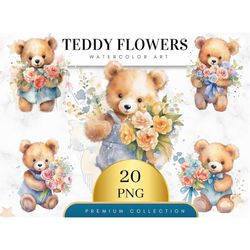 set of 20, watercolor teddy bear with flowers, teddy bear png, nursery art, cute teddy clipart, sublimation png, teddy b