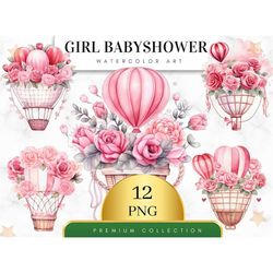 set of 12, pink girl babyshower balloon clipart, pink balloon png, baby girl balloon, babyshower decor, sublimation png,