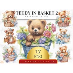 set of 17, watercolor teddy bear in basket, teddy bear png, nursery art, kawaii teddy bear clipart, printable teddy bear