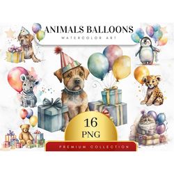 set of 16, watercolor animals with balloons, birthday clipart, animal with balloons png, baby shower clip art, nursery g