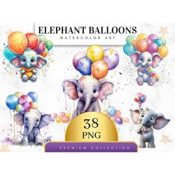 set of 38, watercolor elephant with balloons, baby elephant clipart png, baby elephant with balloons png, baby shower cl