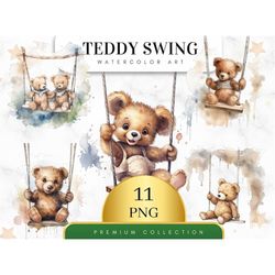 set of 11, watercolor teddy bear with swing, teddy bear png, nursery art, cute teddy clipart, sublimation png, teddy bea