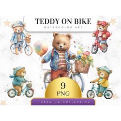 set of 9, watercolor teddy on bike, teddy bear png, nursery clip art, cute teddy clipart, sublimation png, teddy bear cl