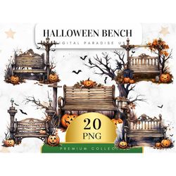set of 20, halloween bench clipart, spooky bench png, halloween decor, trick or treat clipart, bench png, watercolor ben
