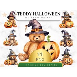 set of 11, watercolor teddy bear halloween, teddy bear png, nursery art, cute teddy clipart, sublimation png, teddy bear