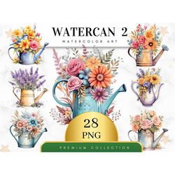 set of 28, watering can clipart, watercolor watering can, floral clipart png, floral watering can png, wall art, scrapbo