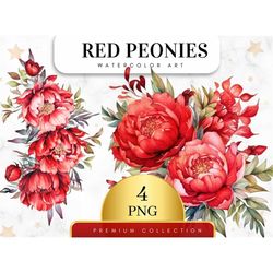 Set of 4, Watercolor Red Peonies Floral Clipart, Floral PNG, Floral Clipart, Wedding Clipart, Spring Clipart, Watercolor