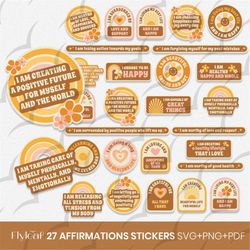 boho stickers, 27 daily affirmation stickers, pre-cropped goodnotes, png digital planner stickers, journal stickers, dai