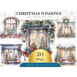 set of 20, christmas windows clipart, holiday decoration, windows png, digital download, watercolor window, scrapbooking