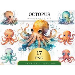 set of 17, watercolor octopus sublimation png, octopus printable wall art, octopus png, octopus digital clipart, wall de