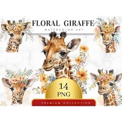 set of 14, watercolor floral giraffe, floral giraffe clipart, nursery art, digital planner, card making, journaling,baby