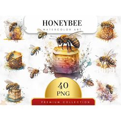 set of 40, watercolor honey bee clipart, bee png, summer clipart, honeybee clipart, honey jar, insect clipart, spring ga