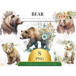 set of 8 bear print, boho bear,  flower wreath clipart, nursery decor,  floral bear clipart, watercolor, card making, di