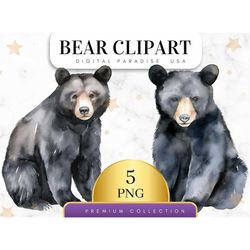 set of 5, watercolor bear clip art, boho bear png, nursery art, cute bear clipart, sublimation png, watercolor clipart,