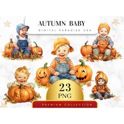 set of 23, autumn baby clipart, fall baby shower, baby clipart, pumpkin clipart, nursery clipart, wall art, sublimation