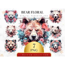 set of 7, bear floral clipart, bear png, animal clipart, woodland clipart, forest animals, sublimation png, wall clipart