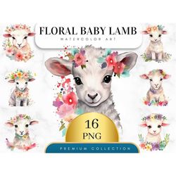 set of 16, watercolor floral baby lamb, baby lamb art, floral lamb png, baby lamb clipart,  nursery lamb art, sublimatio