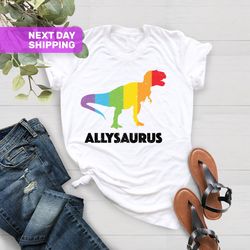 dinosaur in rainbow flag shirt, allysaurus shirt, lgbt ally