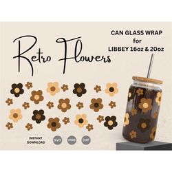 16oz | 20oz retro daisy flowers pattern svg, glass can wrap, floral coffee glass can, beer glass svg png cut files digit