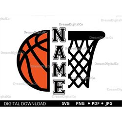 basketball svg, diy half basketball & half hoop with net split name frame, basketball mom, basketball team shirt design