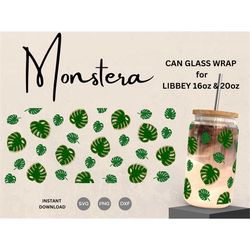 16oz | 20oz monstera leaves glass can wrap template svg, coffee glass can svg, beer glass can wrap svg cutfile, digital
